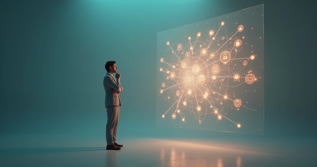 Pessoa observando mapa mental iluminado com emoções interligadas 