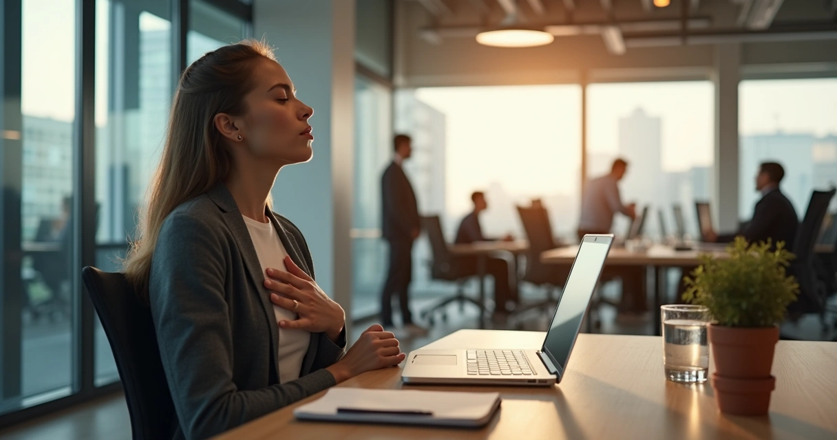 Profissional em escritório respirando fundo e se acalmando diante do computador 