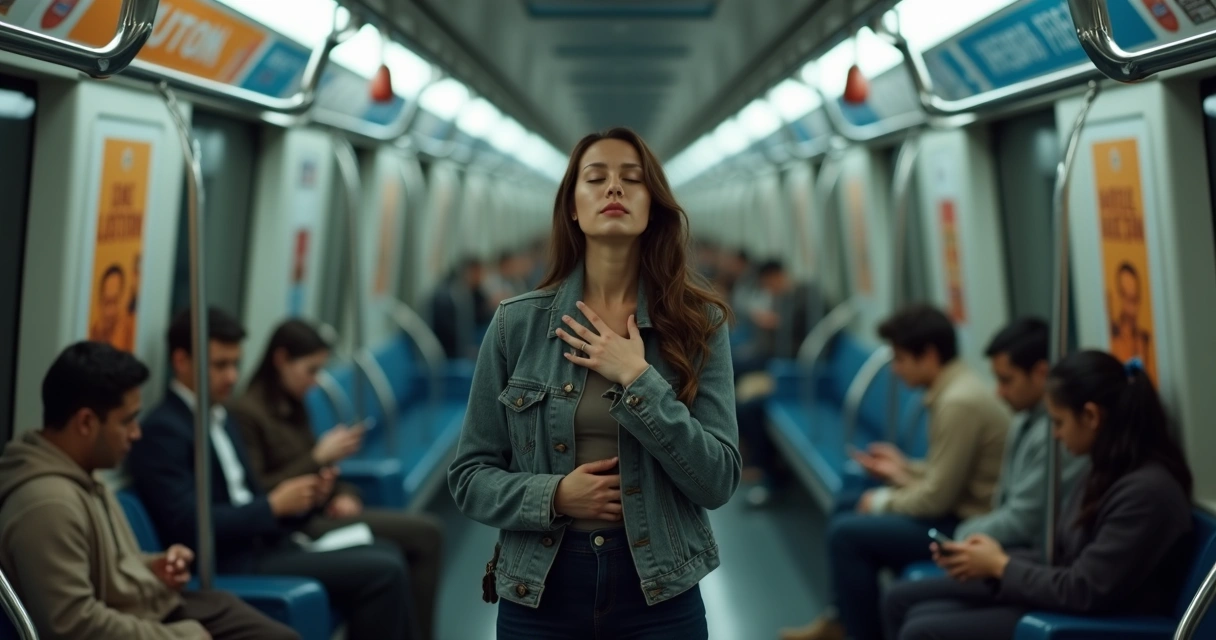 Pessoa em metrô pausando para respirar fundo enquanto reflexos fragmentados mostram reações emocionais 