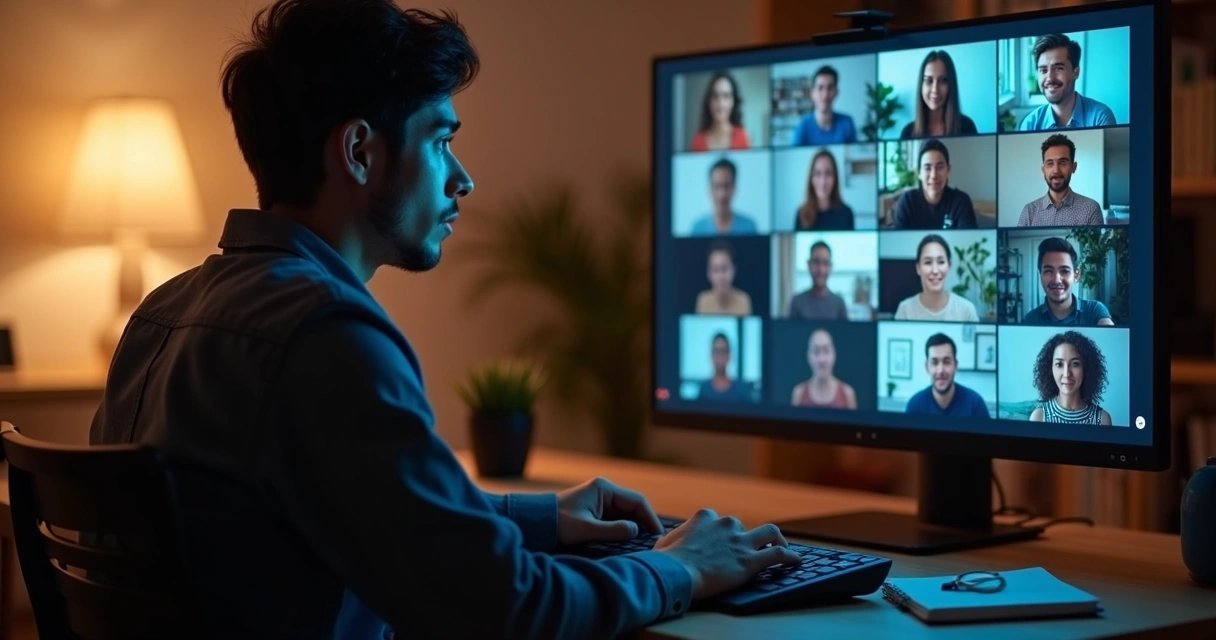 Profissional observando tela cheia de rostos em videoconferência com foco nos detalhes emocionais 