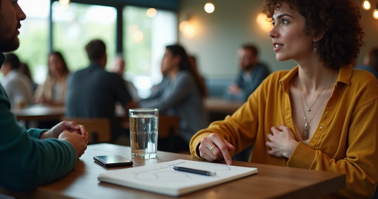 Pessoa observando reações emocionais enquanto conversa em ambiente social 