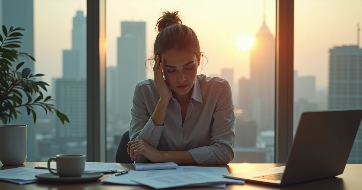 Executiva apoiada na mesa segurando cabeça demonstrando cansaço e reflexão 