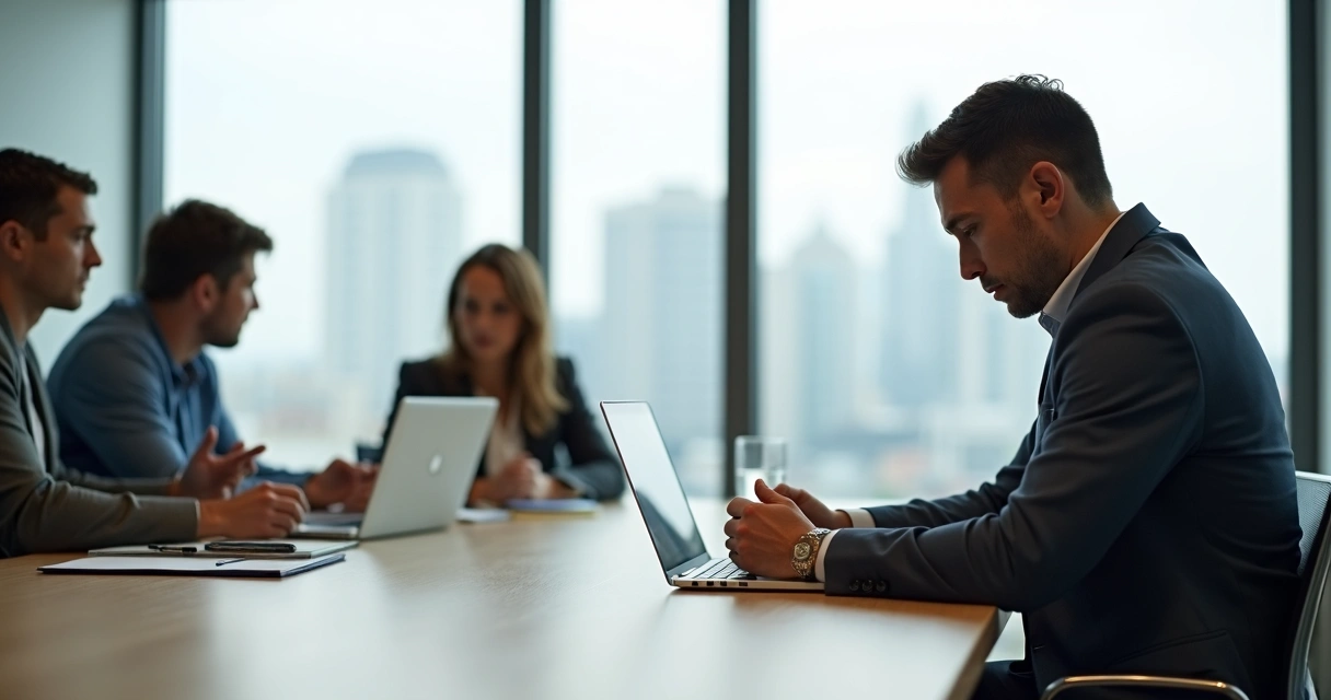 Profissional em reunião percebendo gatilho emocional com colegas ao fundo 