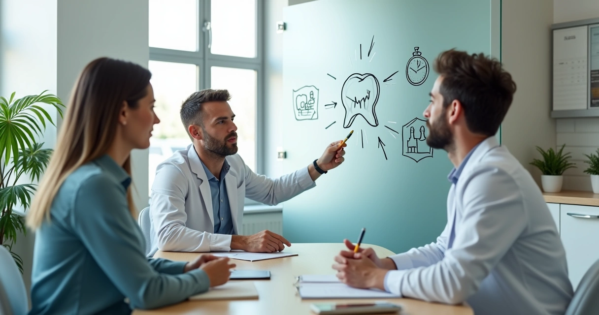 Dentista conversa com paciente apontando quadro com ícone de cérebro e dente 