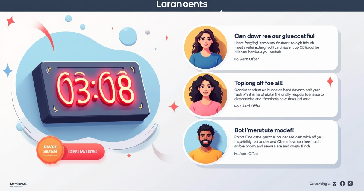 Relógio digital com contagem regressiva e depoimentos de clientes felizes na lateral da página 