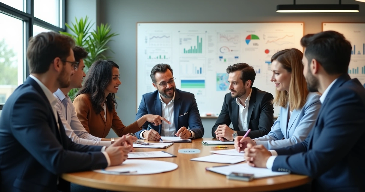 Equipe de vendas reunida discutindo estratégias em uma mesa de reunião