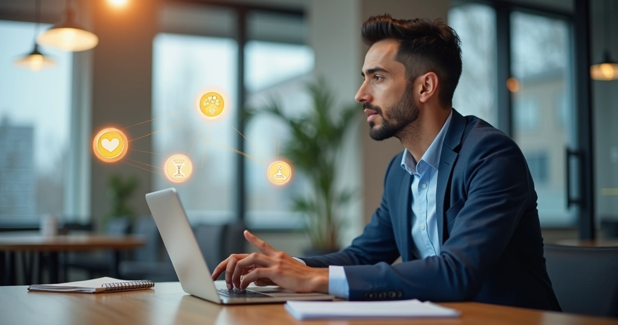 Vendedor em reunião com ícones de gatilhos mentais ao fundo 