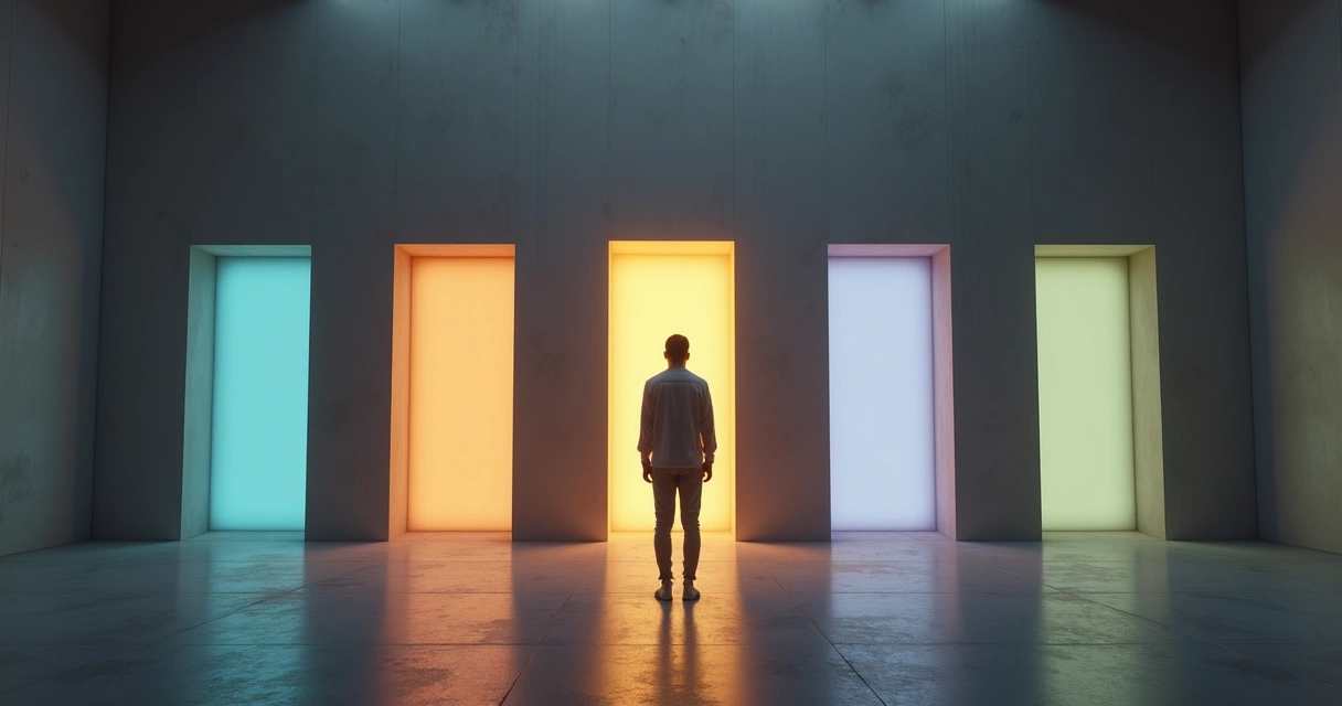 Pessoa em pé diante de cinco portas iluminadas simbolizando gatilhos de mudança emocional 