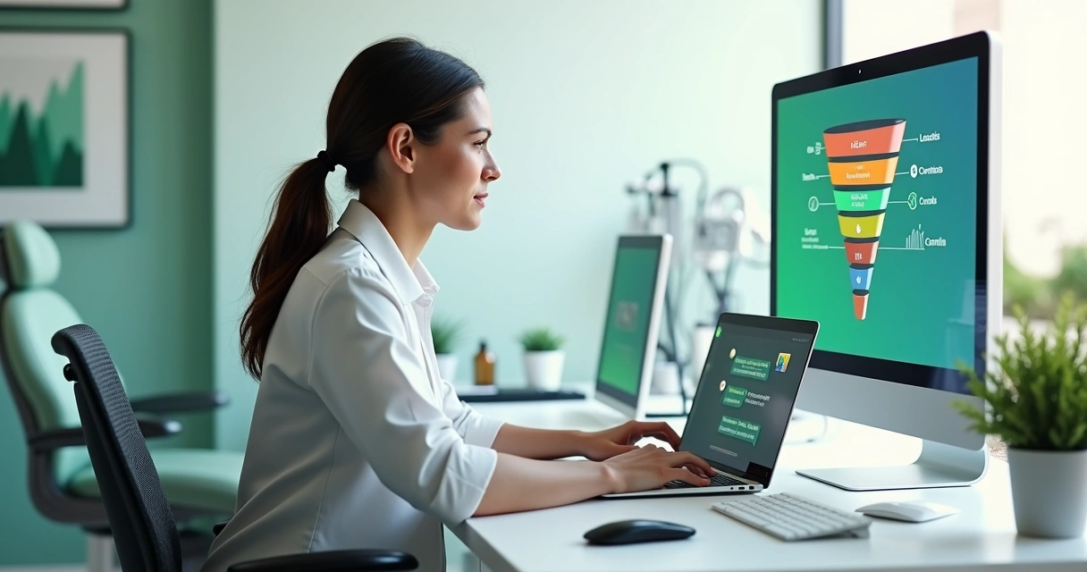 Atendente de clínica usando notebook e WhatsApp em ambiente moderno com funil de leads na tela 