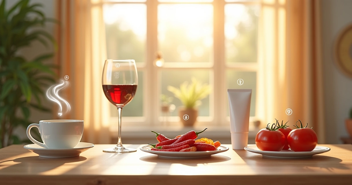 Tabela de fatores desencadeantes da rosácea como sol, álcool, temperatura, alimentos coloridos 