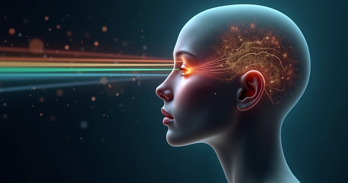 Rosto em perfil cortado por feixes de luz coloridos simbolizando estímulos sensoriais 