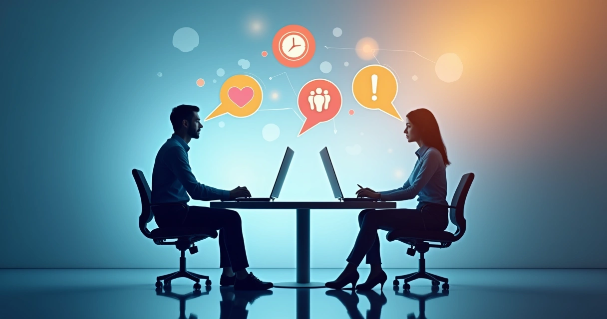 Duas pessoas conversando em ambiente digital, com ícones representando gatilhos mentais ao redor 