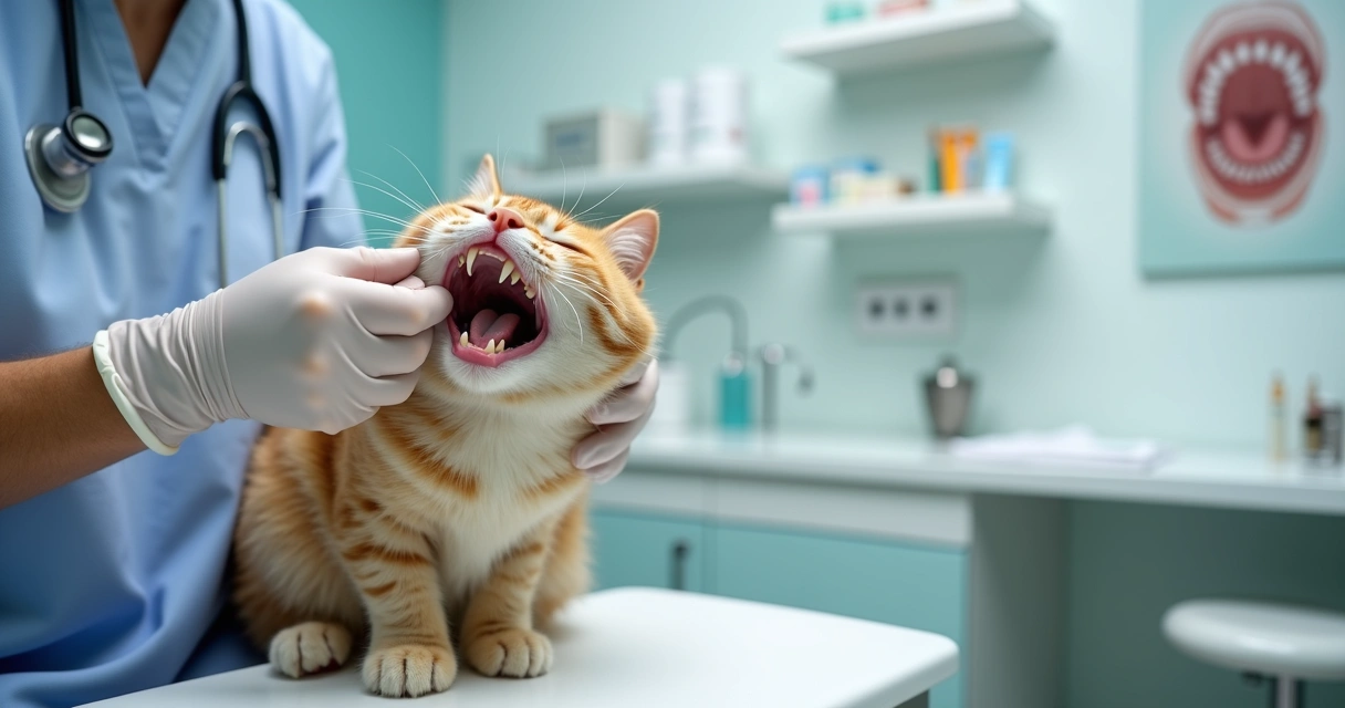 Gato adulto calmo recebendo exame dentário em clínica veterinária 