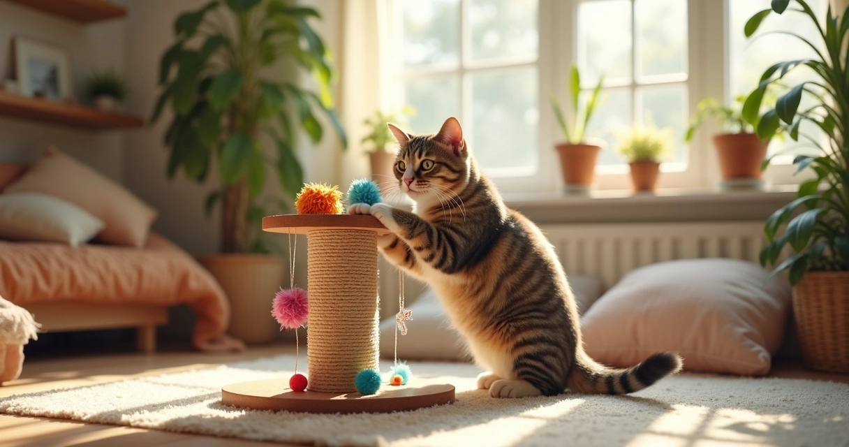 Gato brincando em arranhador com brinquedos 