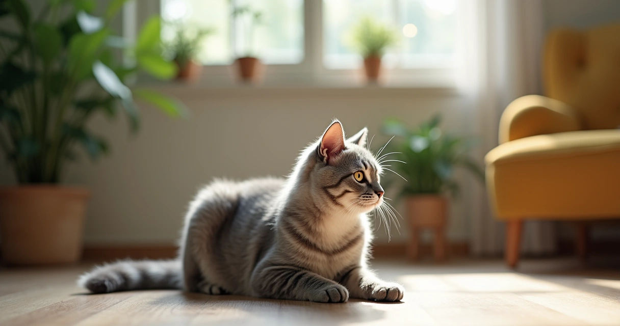 Gato azul russo bem cuidado em sala confortável com ração e escovinha ao lado