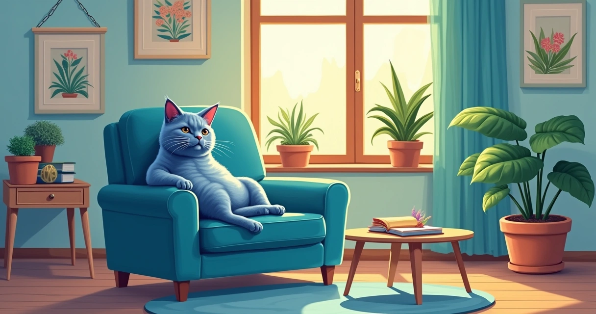 Um gato azul russo sentado elegantes em uma poltrona em uma sala de estar iluminada, cercado por brinquedos e plantas.