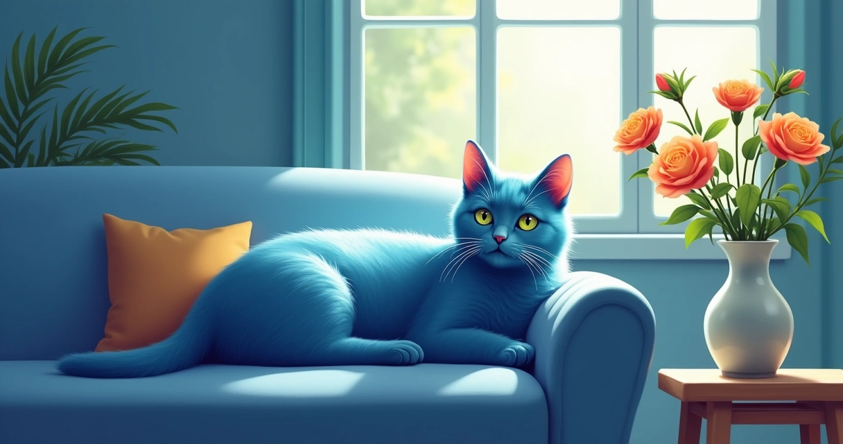 Gato azul russo de pelagem prateada e brilhante sentado em sofá com olhos verdes em sala iluminada.