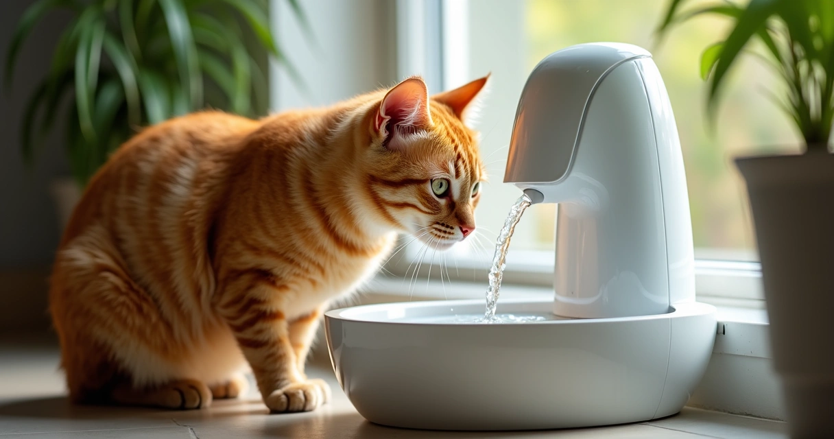 Gato laranja bebendo água de uma fonte em ambiente doméstico 