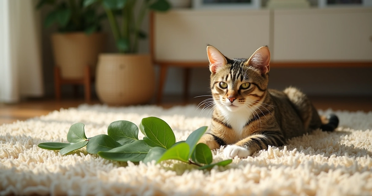 Gato deitado em tapete macio ao lado de folhas de moringa