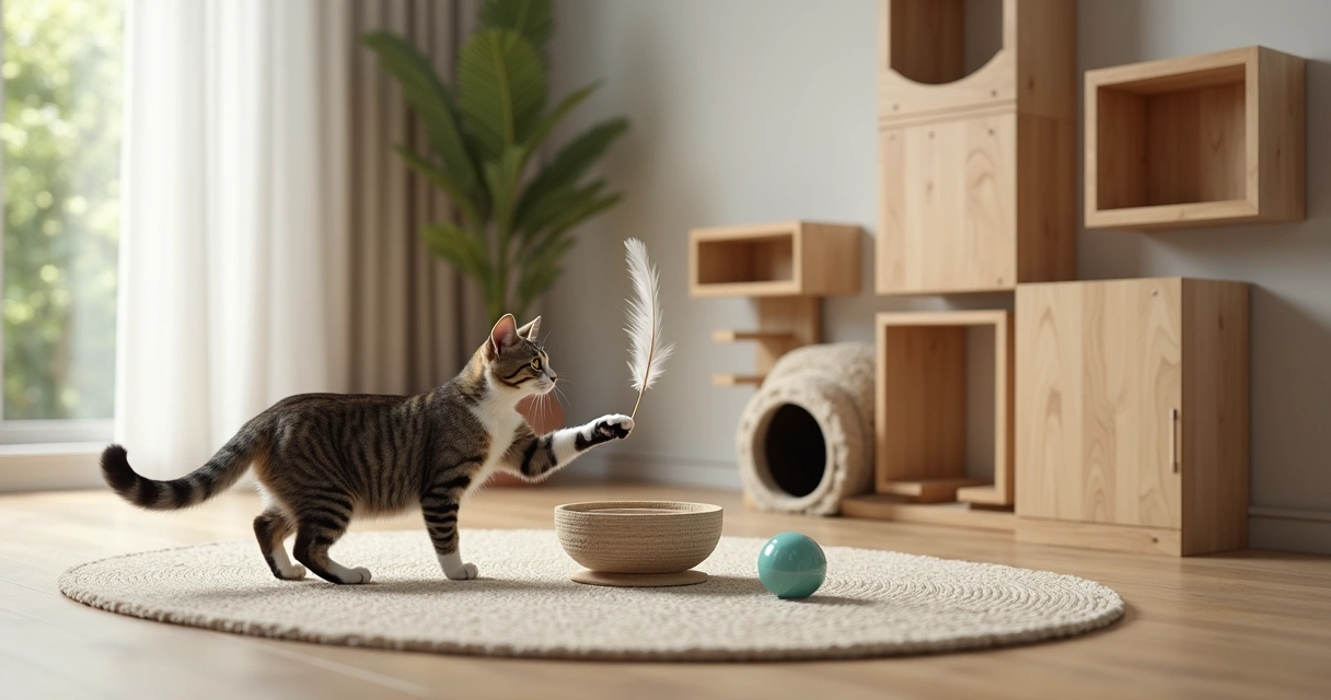 Gato explora painel de brinquedos em prateleiras e tocas em sala enriquecida 