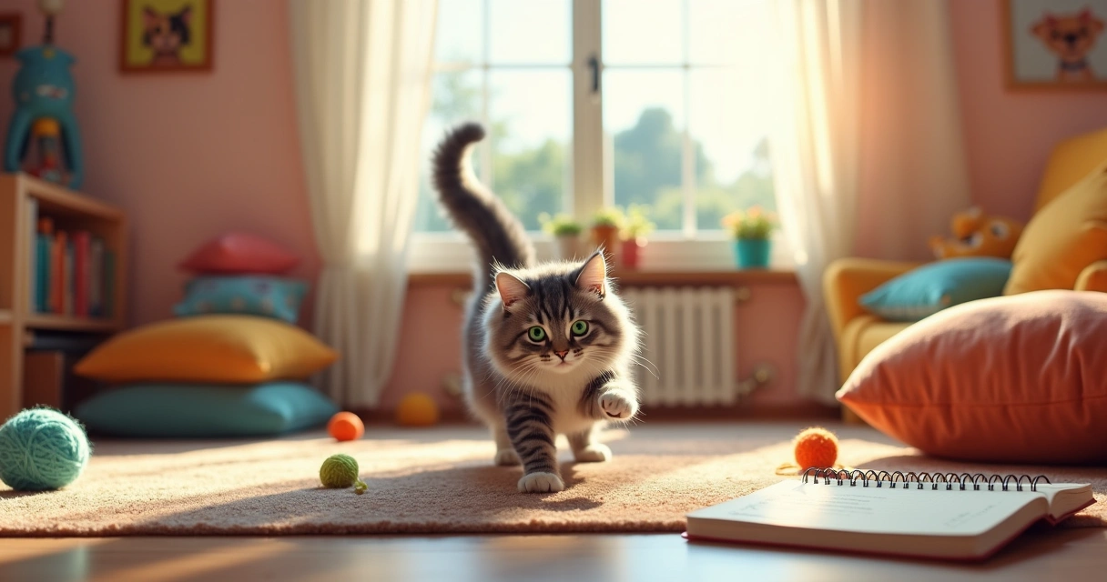 Cena de um gato macho brincando com um novelo de lã em uma sala de estar ensolarada.