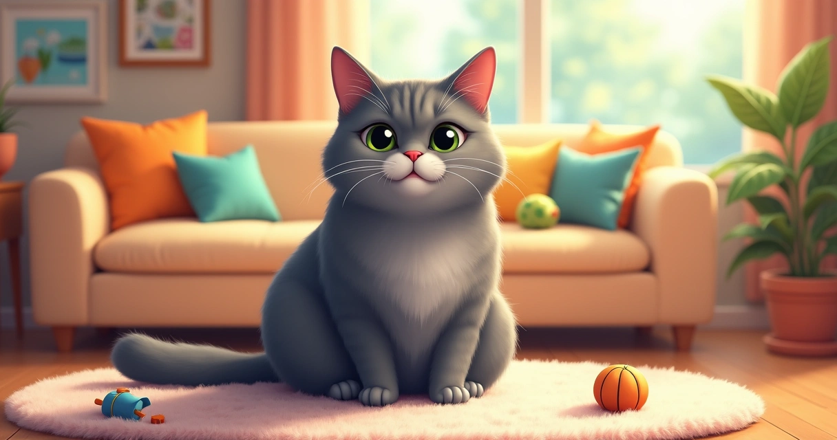 Gato British Shorthair em sala de estar aconchegante com sofá e brinquedos espalhados.