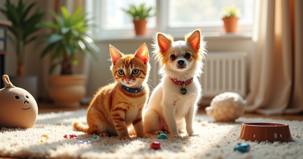 Gato e cachorro rodeados por acessórios de pet e horóscopo 