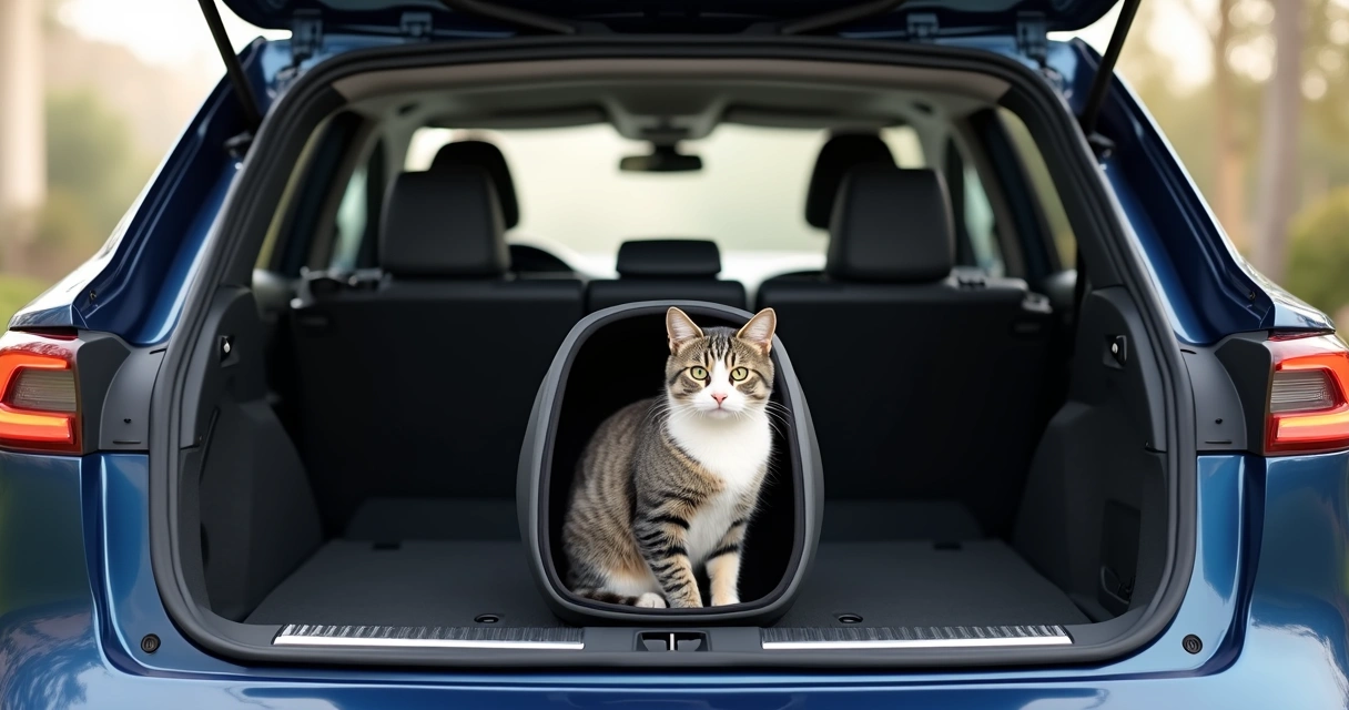 Gato em caixa no porta-malas de carro elétrico 