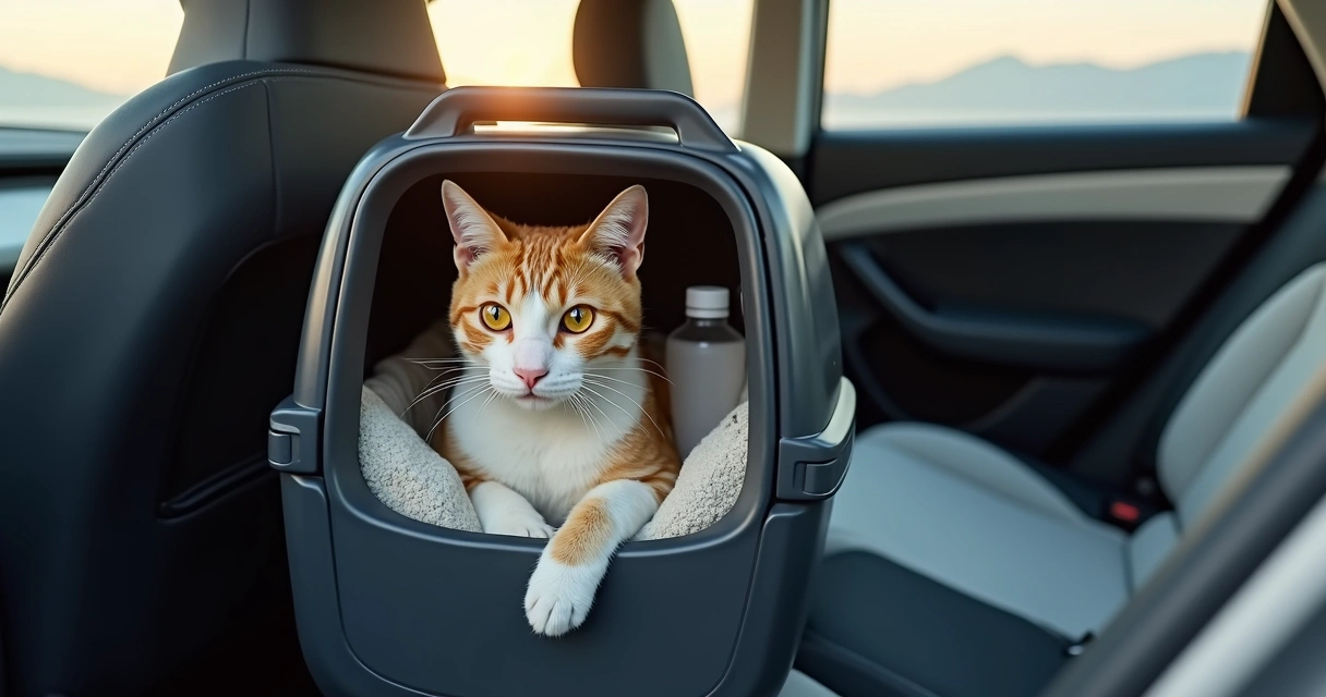 Gato em caixa de transporte segura no banco traseiro de carro elétrico. 