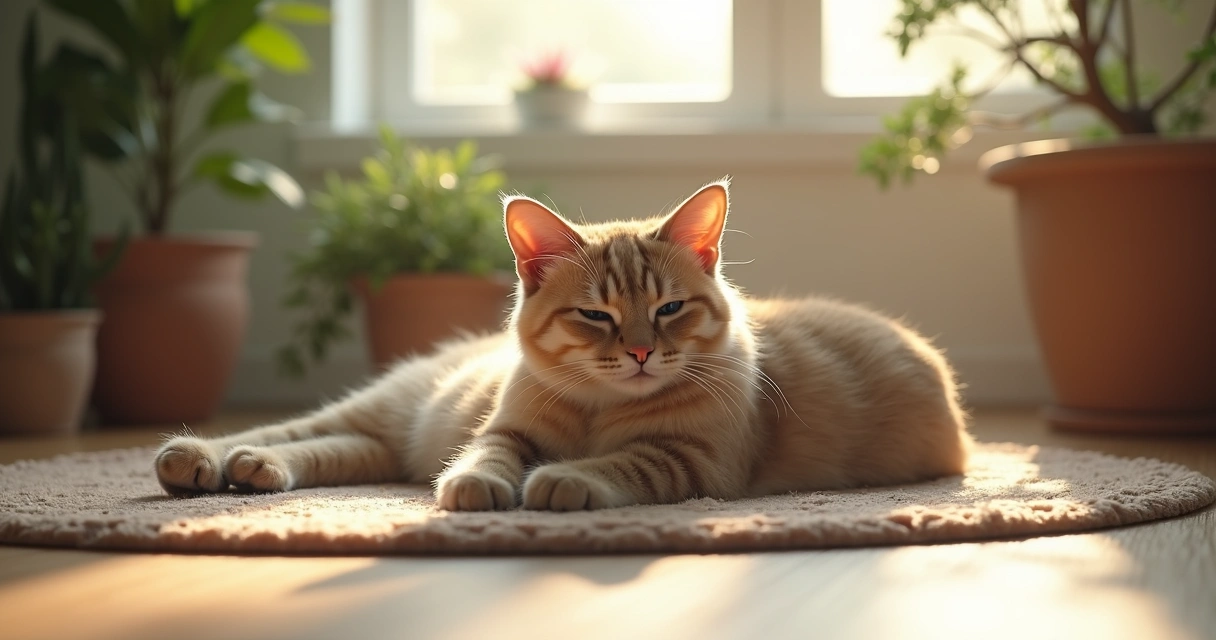 Gato deitado relaxado em ambiente com luz natural 