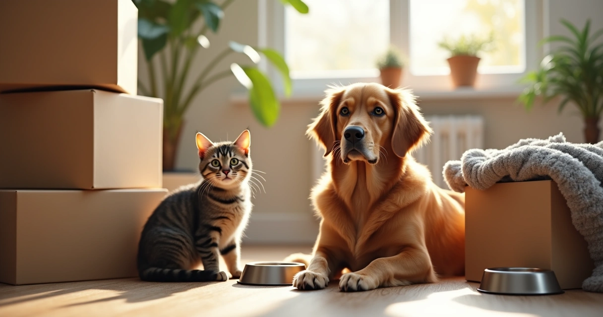 Gato e cão entre caixas de mudança em ambiente doméstico 