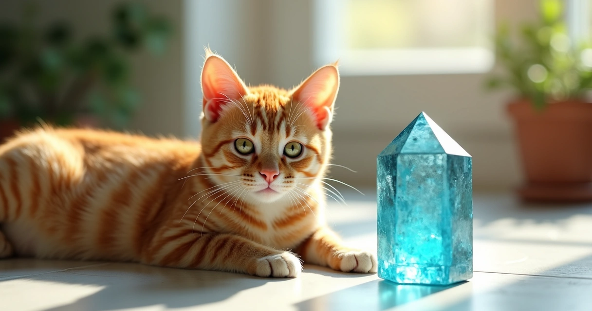 Gato de pelo laranja deitado ao lado de um cristal azul em uma superfície clara 