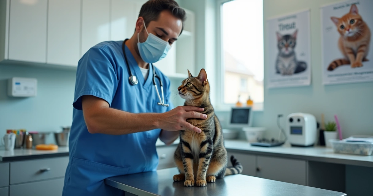 Veterinária examinando gato em consultório, equipamentos ao fundo 