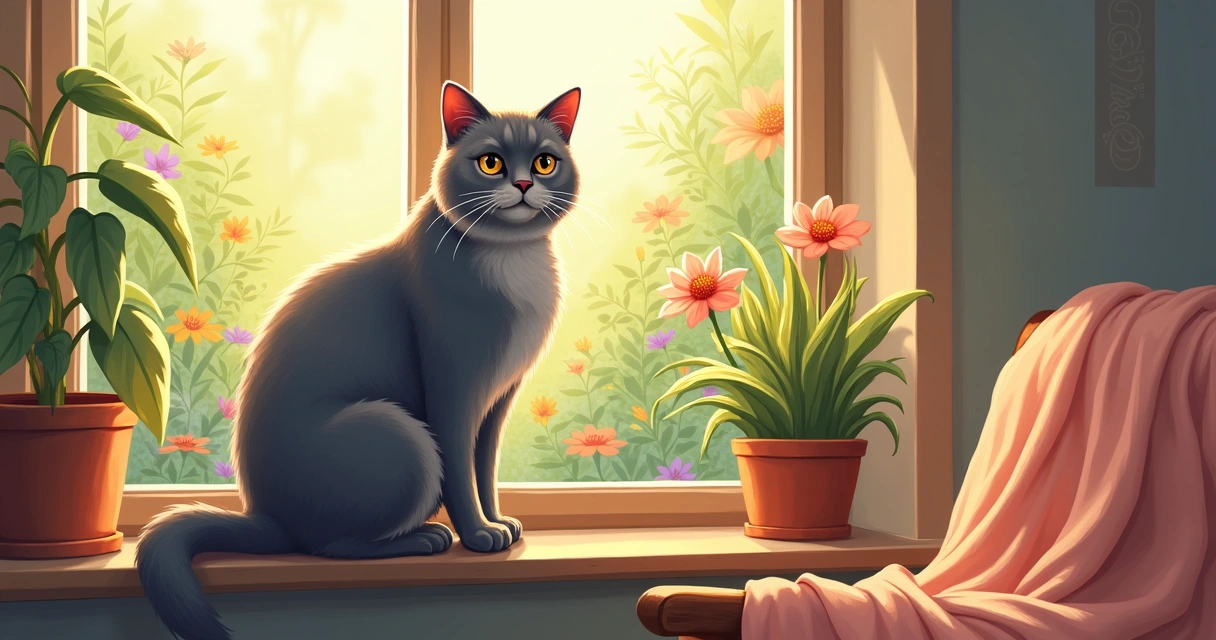 Gato de pelo curto inglês cinza sentado em uma janela ensolarada com um jardim colorido ao fundo.
