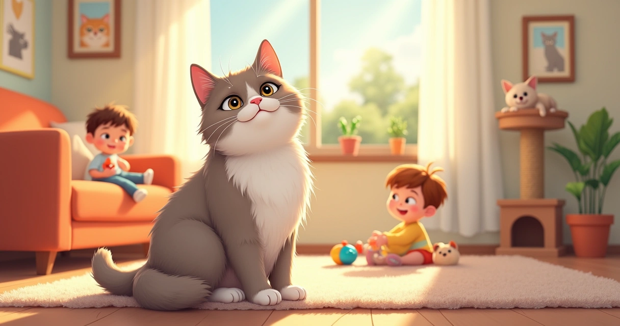 Gato de pelo curto inglês em uma sala aconchegante com uma criança e um cachorro, luz suave do sol.
