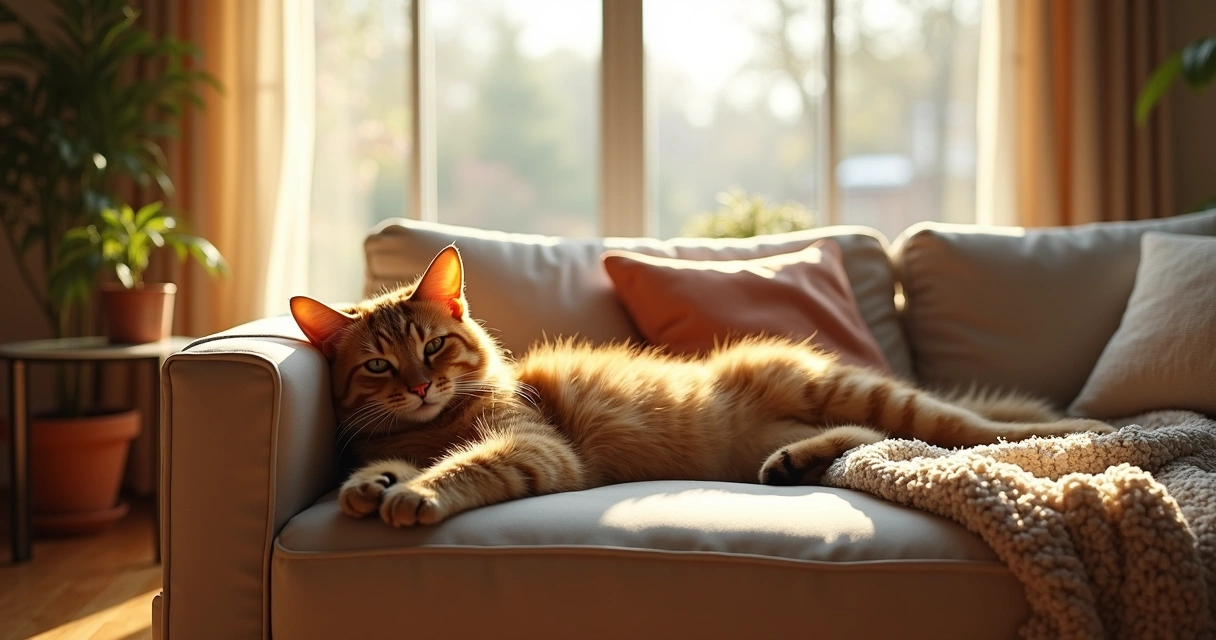 Gato deitado num sofá num ambiente acolhedor de sala 