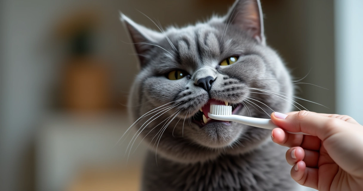 Gato de pelagem cinza sendo escovado por mão humana com escova branca