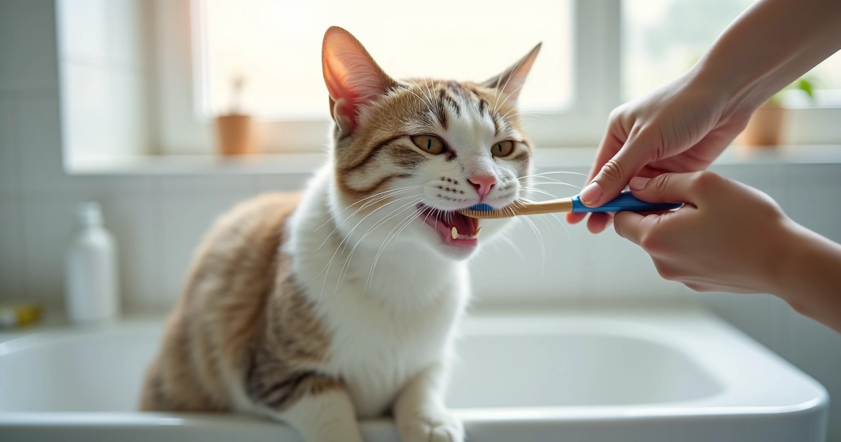 Gato sendo escovado por tutora