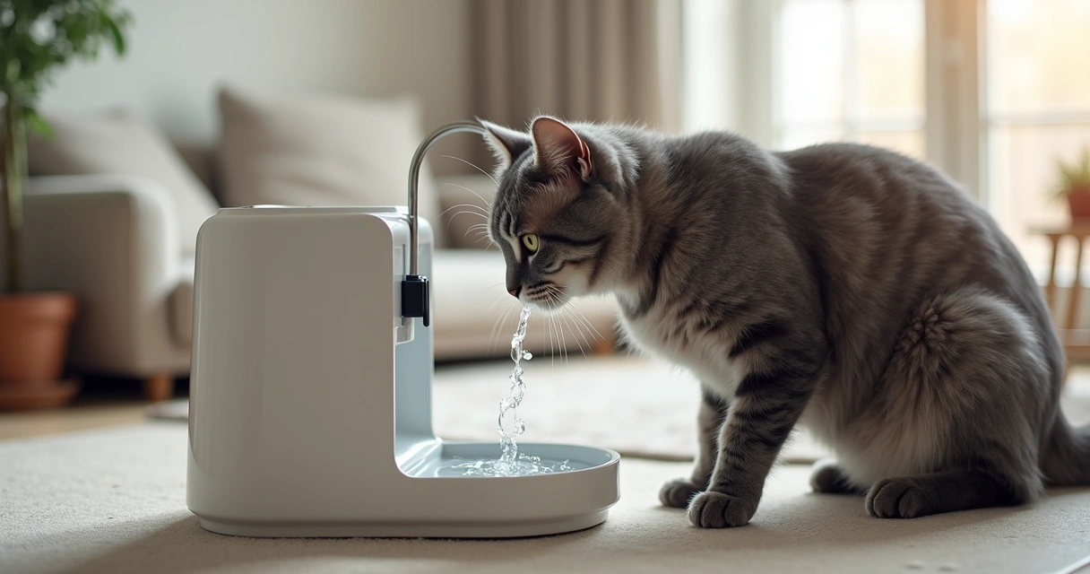 Gato cinza idoso bebendo água de uma fonte automática 