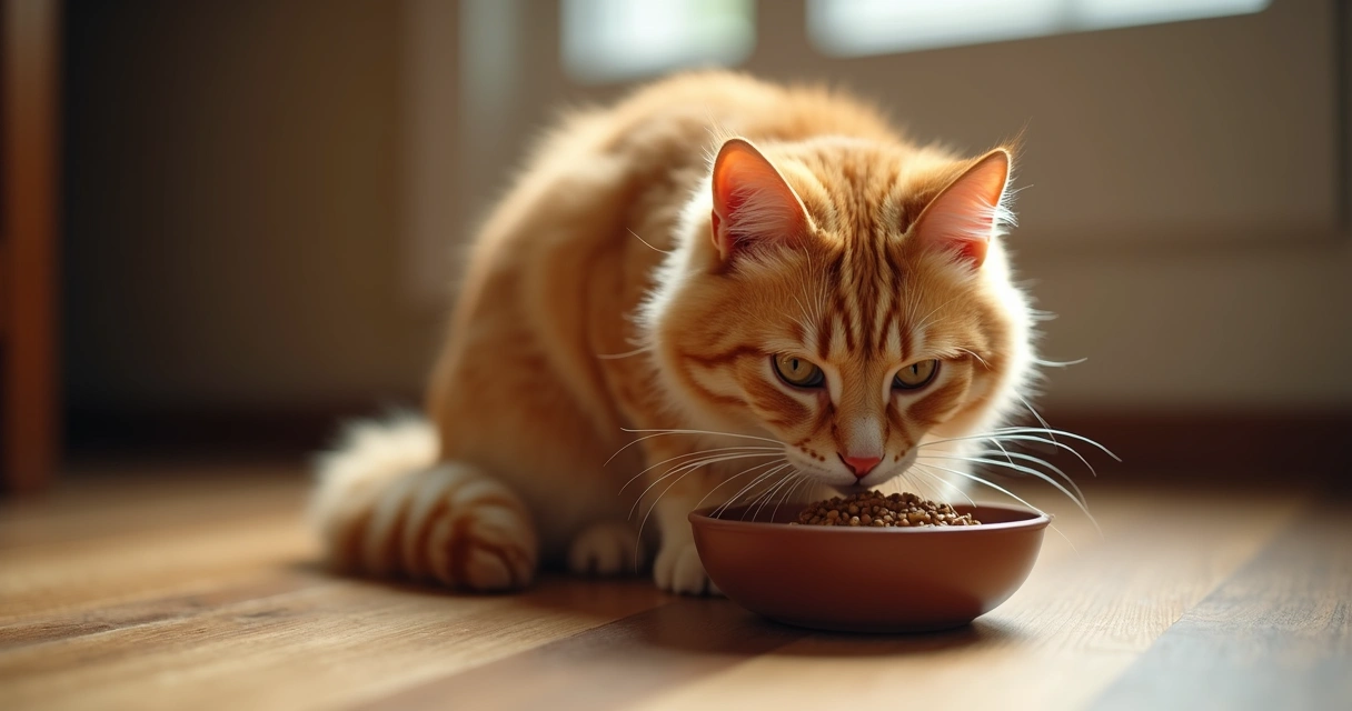 Gato idoso laranja comendo ração em pote marrom 