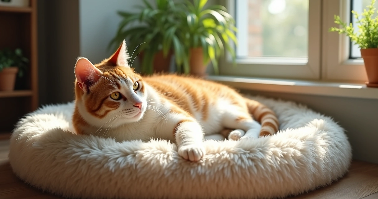 Gato idoso branco laranja descansando em caminha macia 