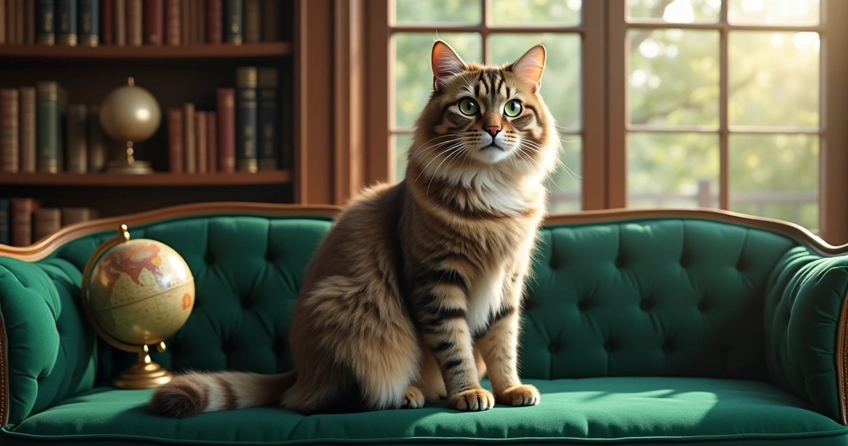 Gato macho elegante em uma sala de estar sofisticada com decoração clássica.