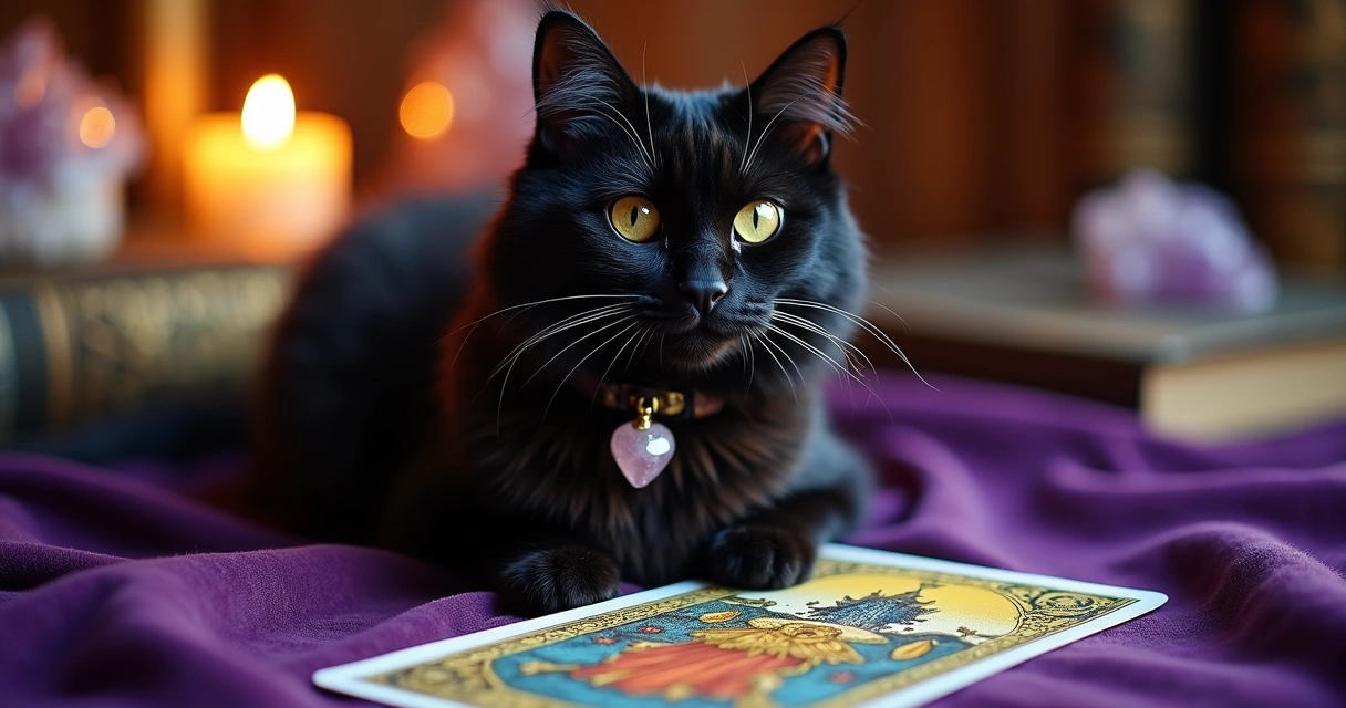 Gato com coleira de pedra, cartas de tarot ao fundo 