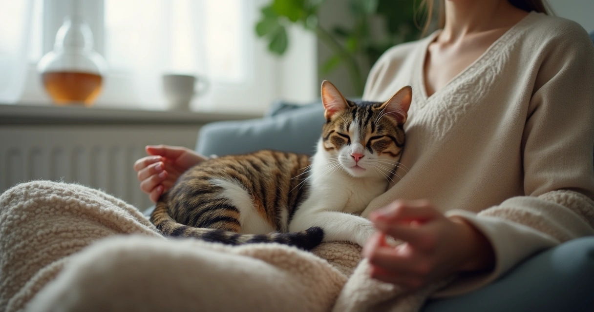 Gato deitado no colo durante momento de meditação 