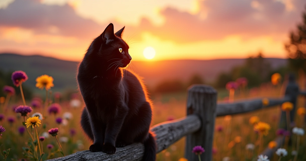 Gato preto sentado em uma cerca de madeira ensolarada, com flores coloridas ao redor e um pôr do sol tranquilo ao fundo.