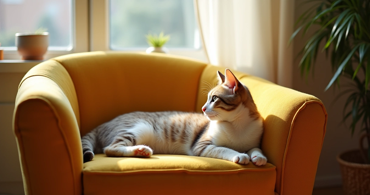 Gato deitado em poltrona olhando janela com luz suave