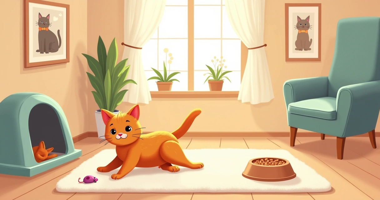 Gato saudável brincando com um brinquedo em casa, com comida fresca e caixa de areia limpa ao fundo.
