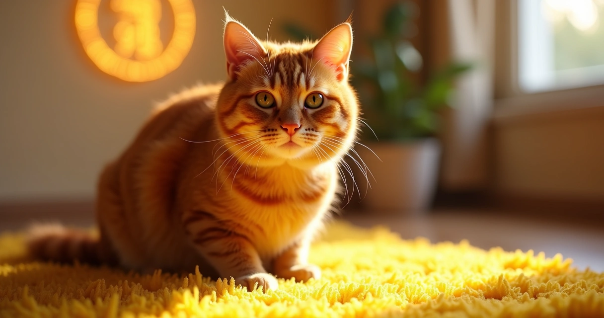 Gato sentado em tapete amarelo refletindo luz do sol