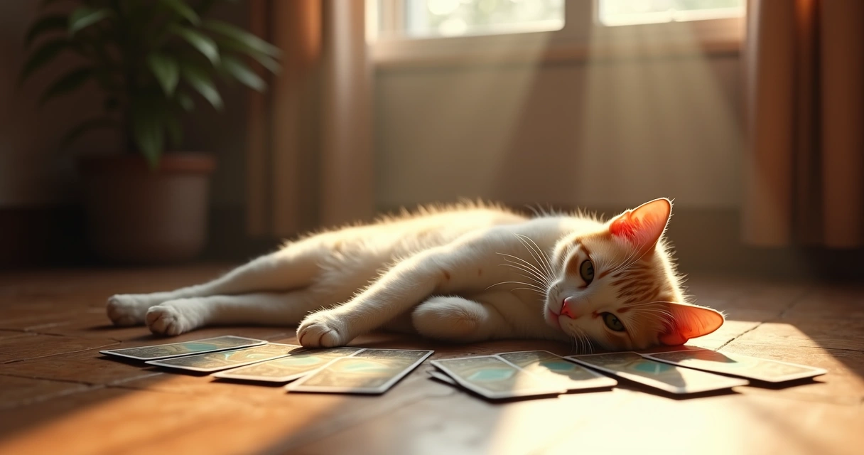 Gato descansando sob feixe de luz suave ao lado de cartas de tarot 