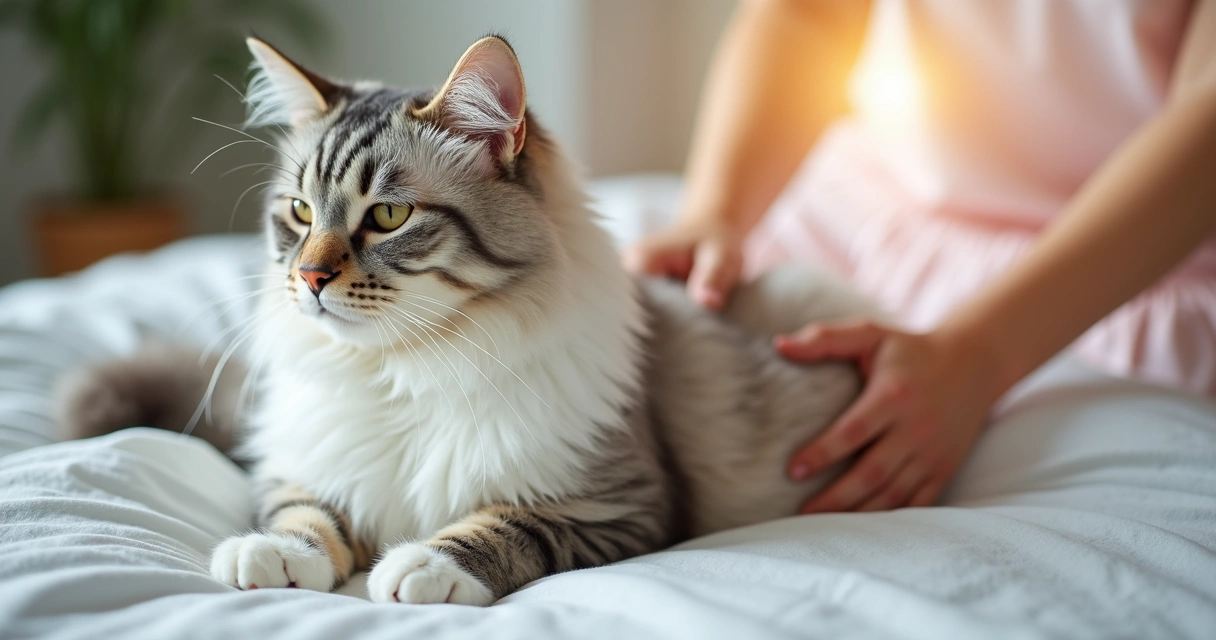 Gato branco e cinza recebendo reiki com mãos sobre seu dorso